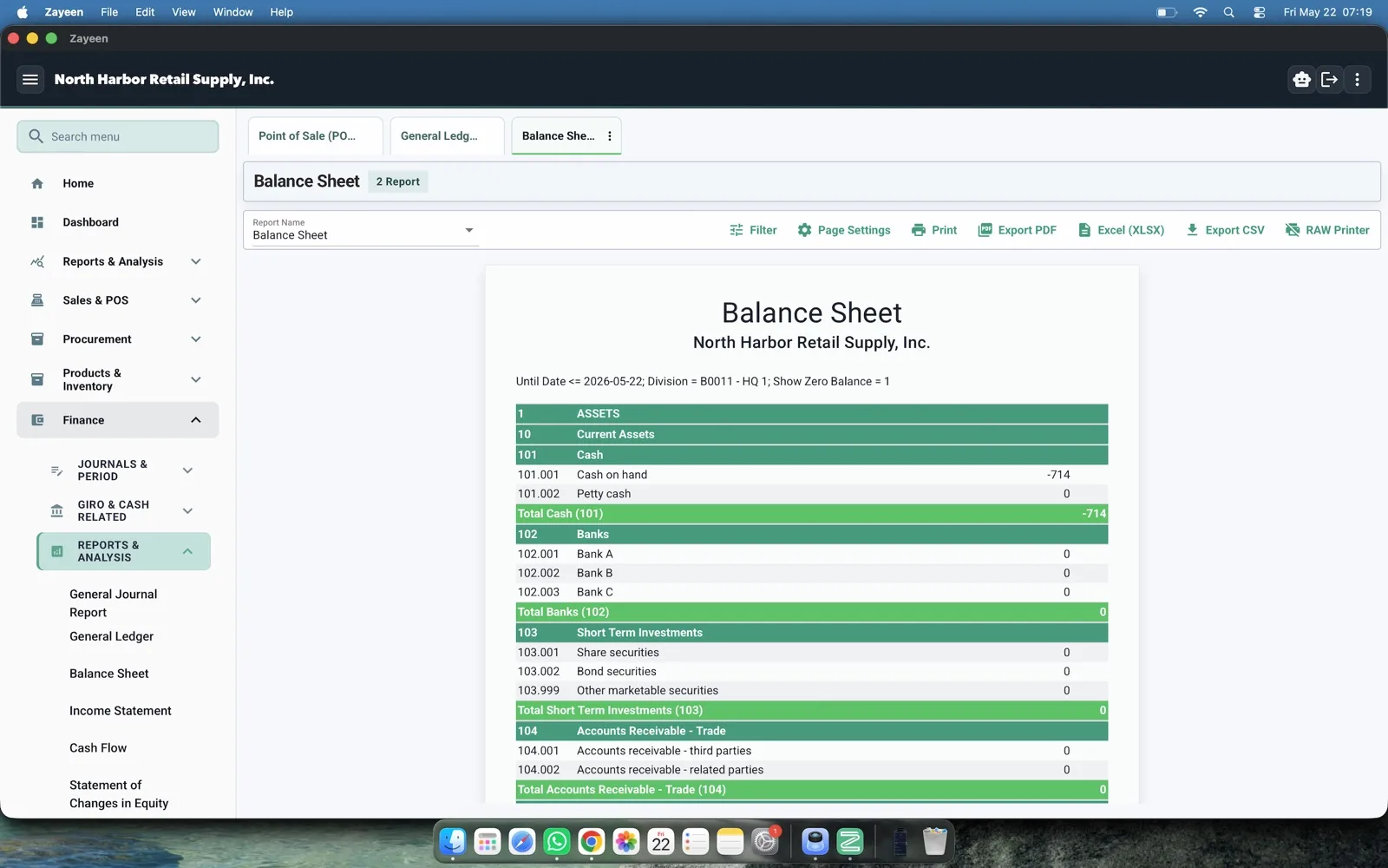 Balance sheet report generated inside Zayeen