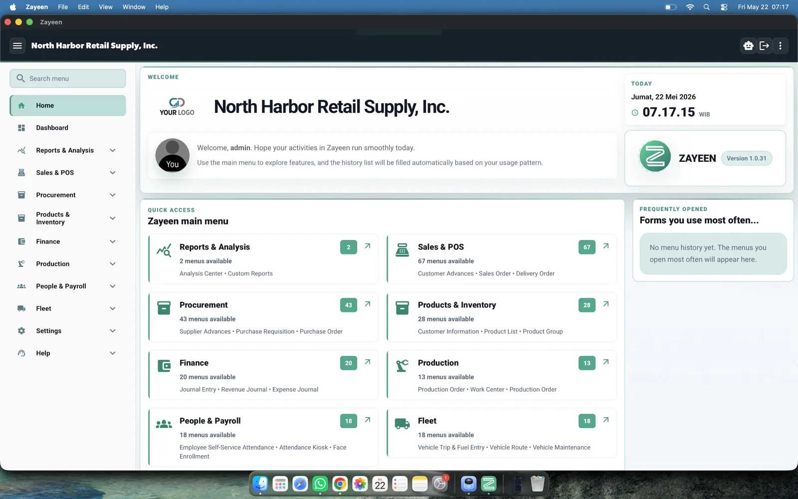 The Zayeen workspace: every licensed module in one menu