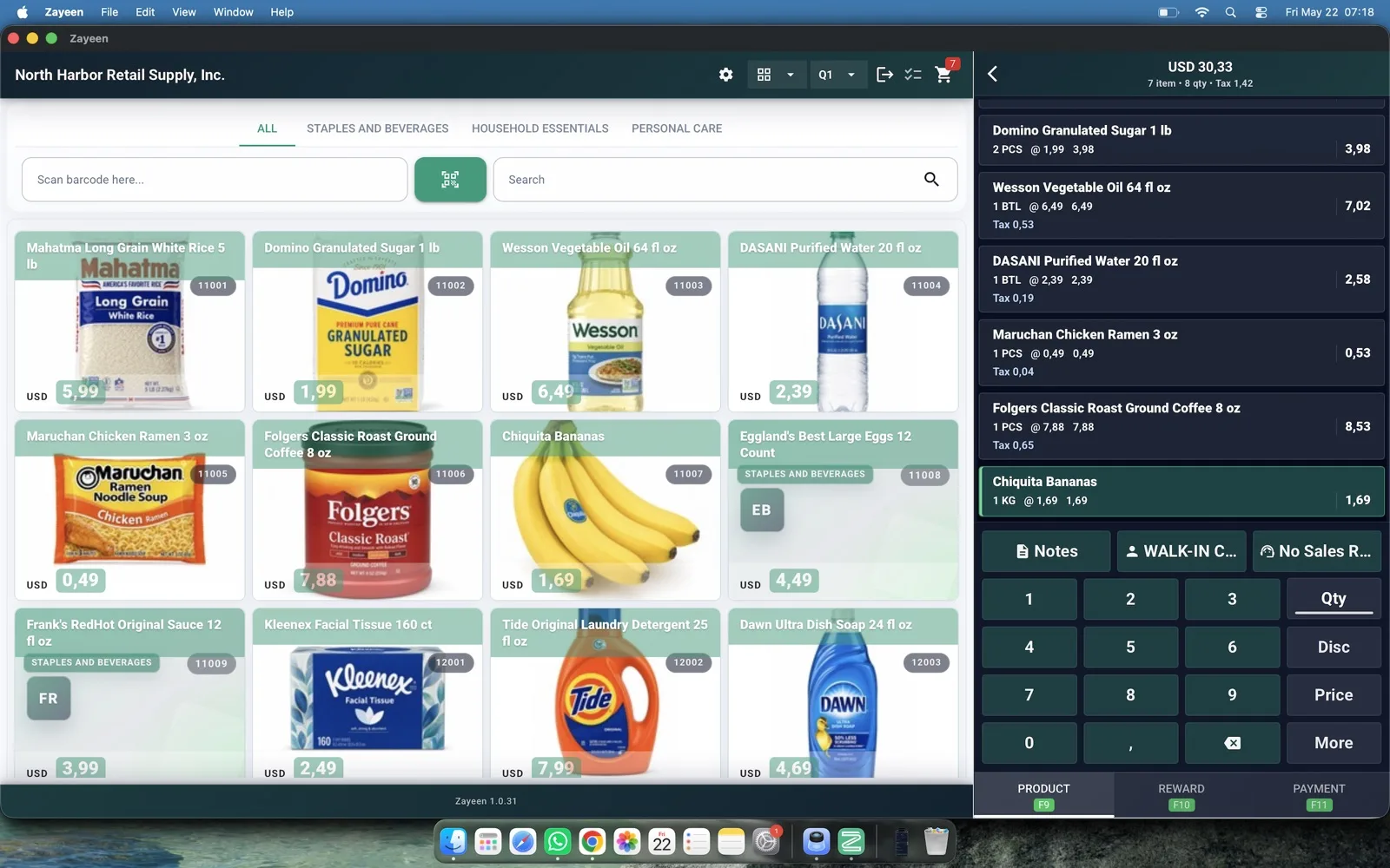 Zayeen point of sale with product grid and open cart