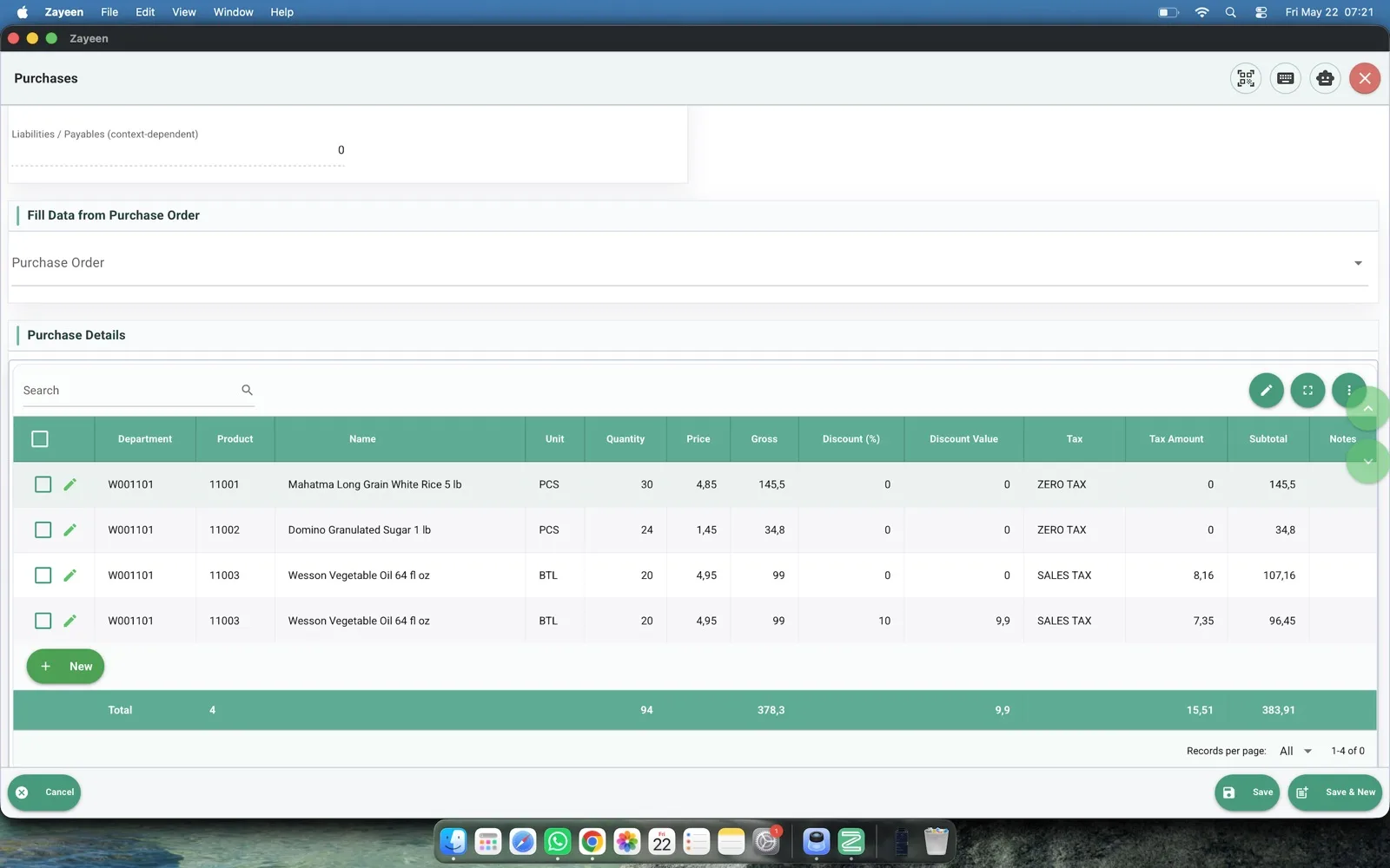 Purchase entry in Zayeen with detail lines, taxes and discounts