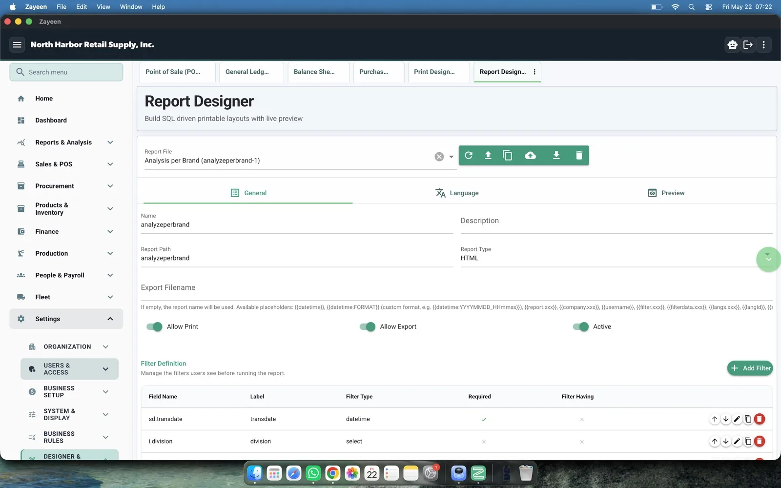 Zayeen report designer building a SQL-driven report layout
